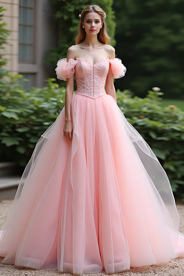 Robe de bal rose à volants dénudés Robe de bal longue en tulle